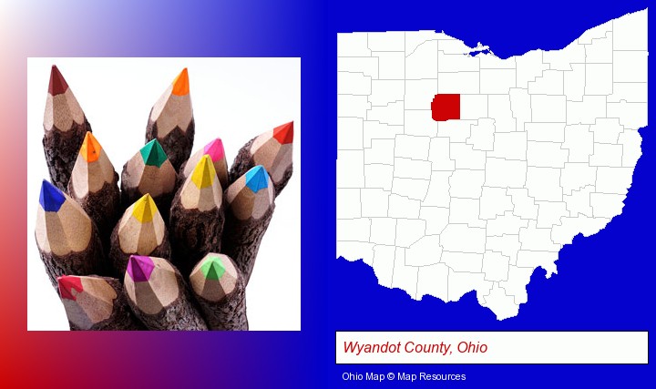 colored pencils; Wyandot County, Ohio highlighted in red on a map
