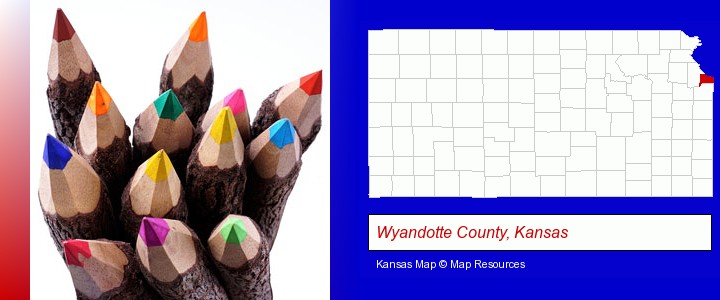 colored pencils; Wyandotte County, Kansas highlighted in red on a map