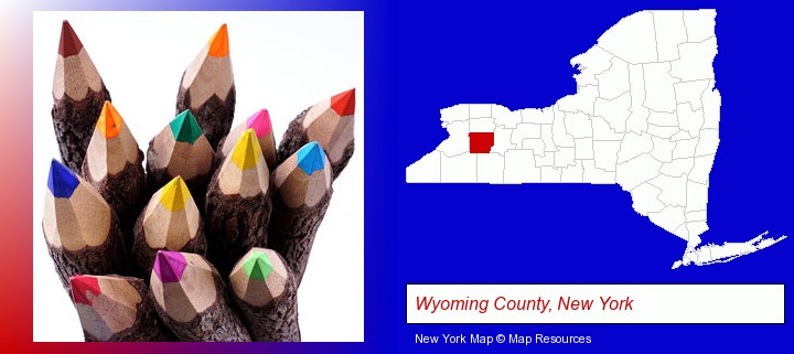 colored pencils; Wyoming County, New York highlighted in red on a map