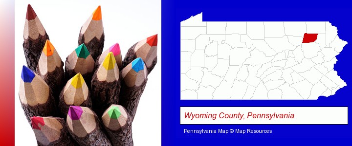 colored pencils; Wyoming County, Pennsylvania highlighted in red on a map