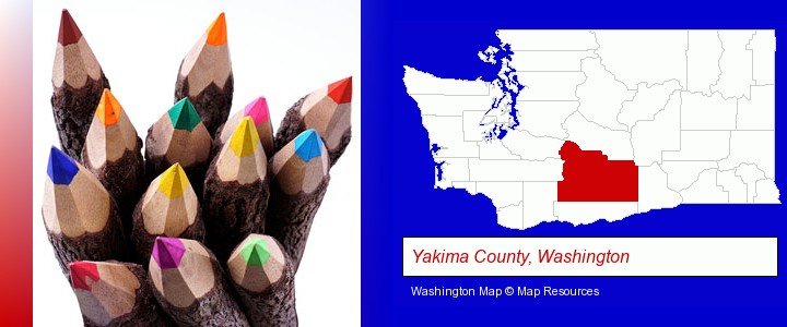 colored pencils; Yakima County, Washington highlighted in red on a map