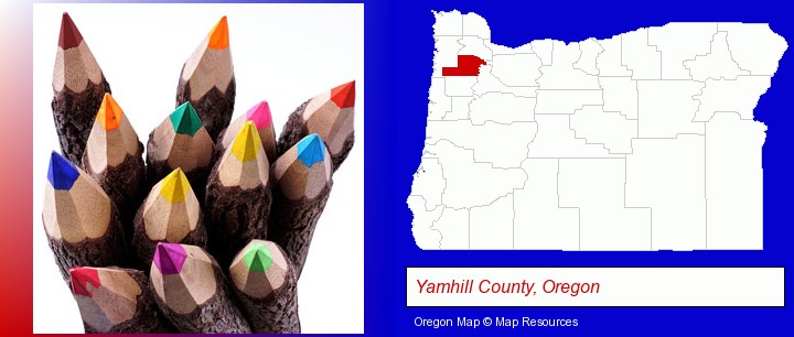 colored pencils; Yamhill County, Oregon highlighted in red on a map