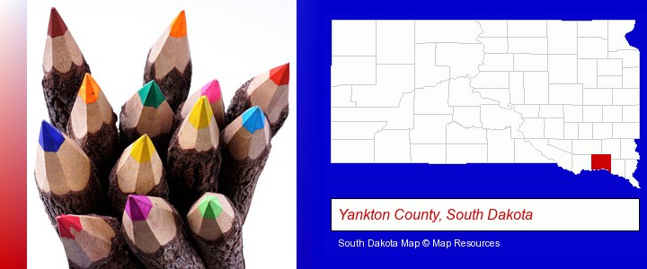colored pencils; Yankton County, South Dakota highlighted in red on a map