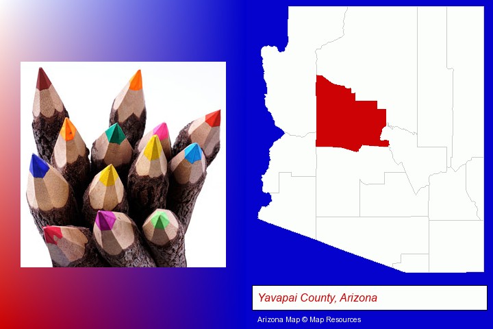 colored pencils; Yavapai County, Arizona highlighted in red on a map