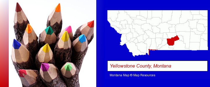 colored pencils; Yellowstone County, Montana highlighted in red on a map