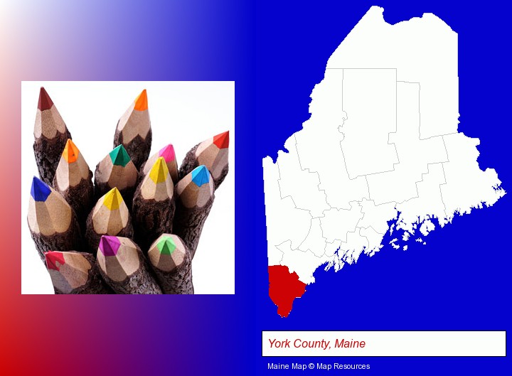 colored pencils; York County, Maine highlighted in red on a map