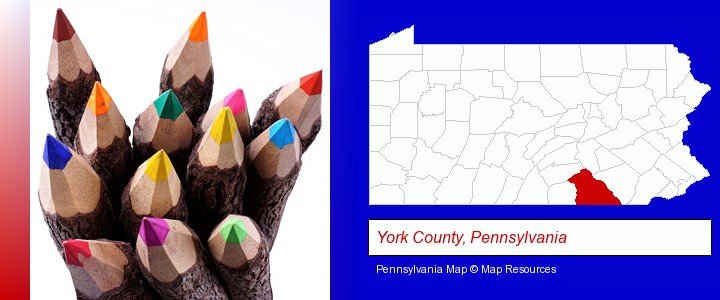 colored pencils; York County, Pennsylvania highlighted in red on a map