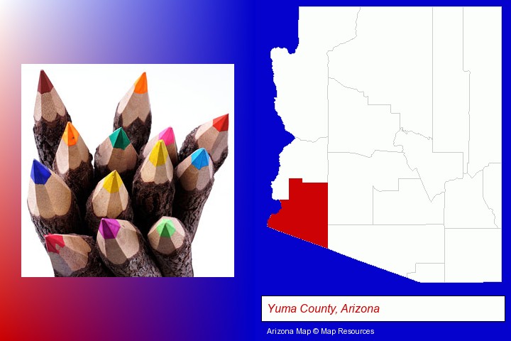 colored pencils; Yuma County, Arizona highlighted in red on a map