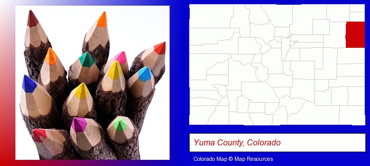 colored pencils; Yuma County, Colorado highlighted in red on a map