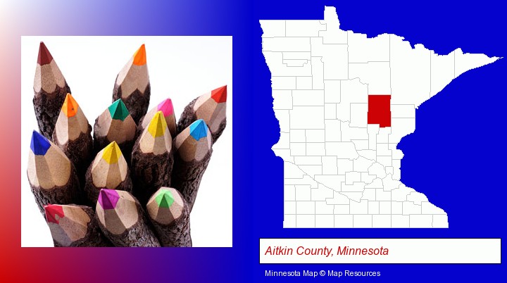 colored pencils; Aitkin County, Minnesota highlighted in red on a map