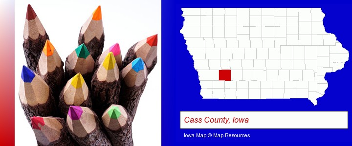 colored pencils; Cass County, Iowa highlighted in red on a map