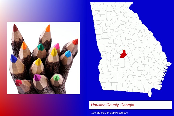 colored pencils; Houston County, Georgia highlighted in red on a map