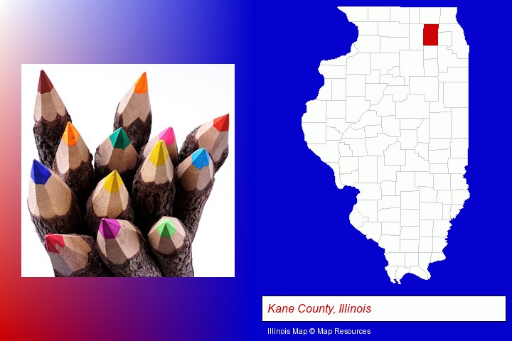 colored pencils; Kane County, Illinois highlighted in red on a map