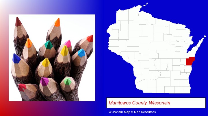 colored pencils; Manitowoc County, Wisconsin highlighted in red on a map