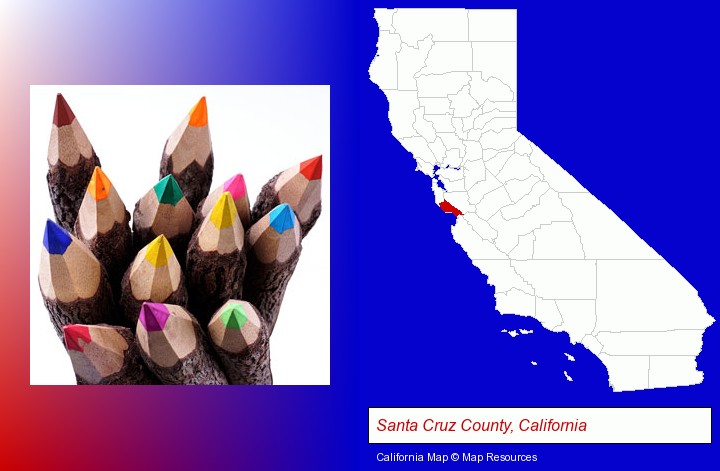 colored pencils; Santa Cruz County, California highlighted in red on a map