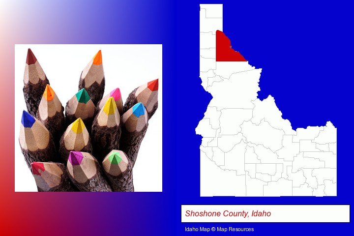 colored pencils; Shoshone County, Idaho highlighted in red on a map