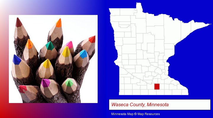 colored pencils; Waseca County, Minnesota highlighted in red on a map