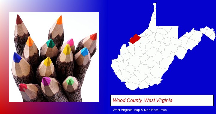 colored pencils; Wood County, West Virginia highlighted in red on a map